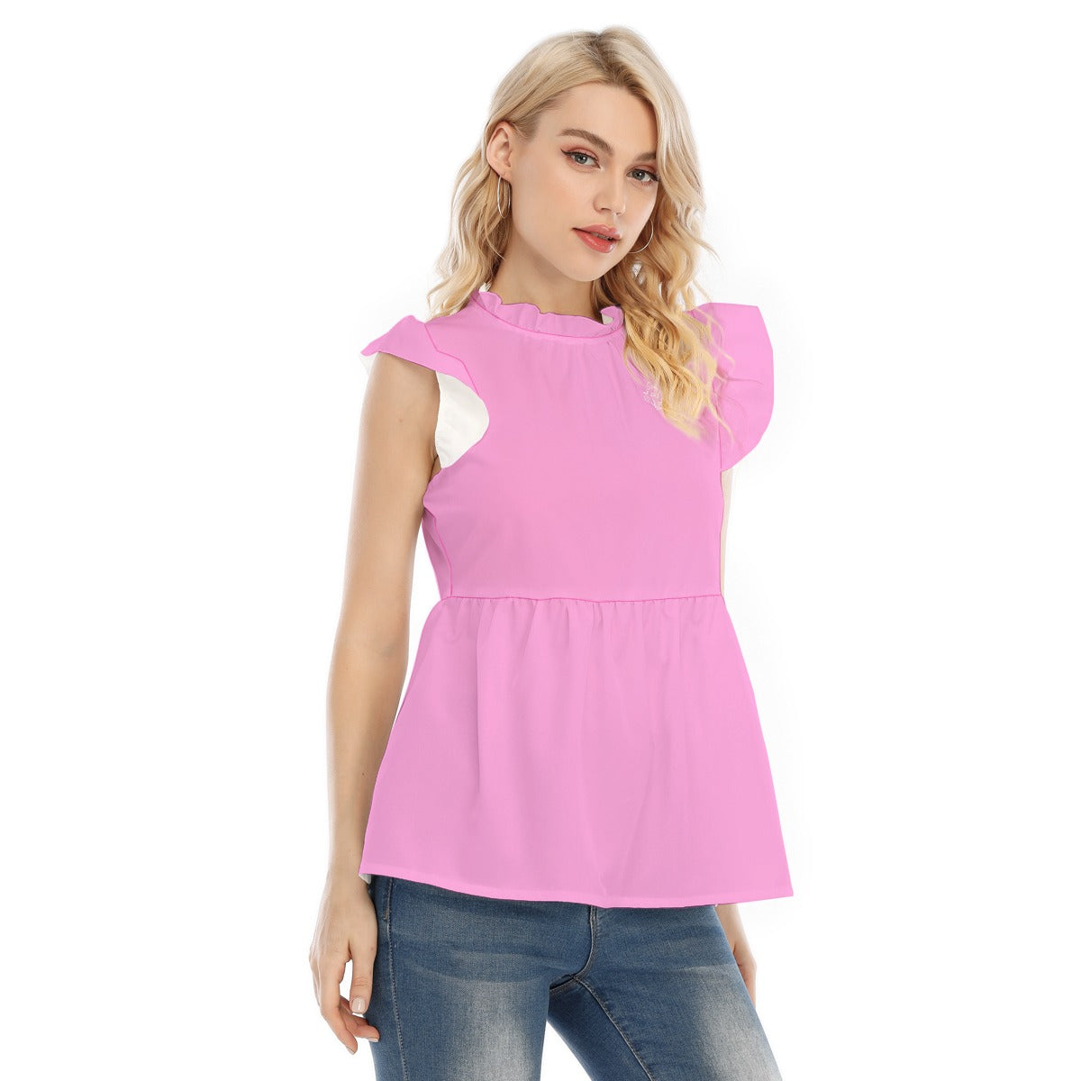 All-Over Print Women's Blouse With Lotus Leaf Lace