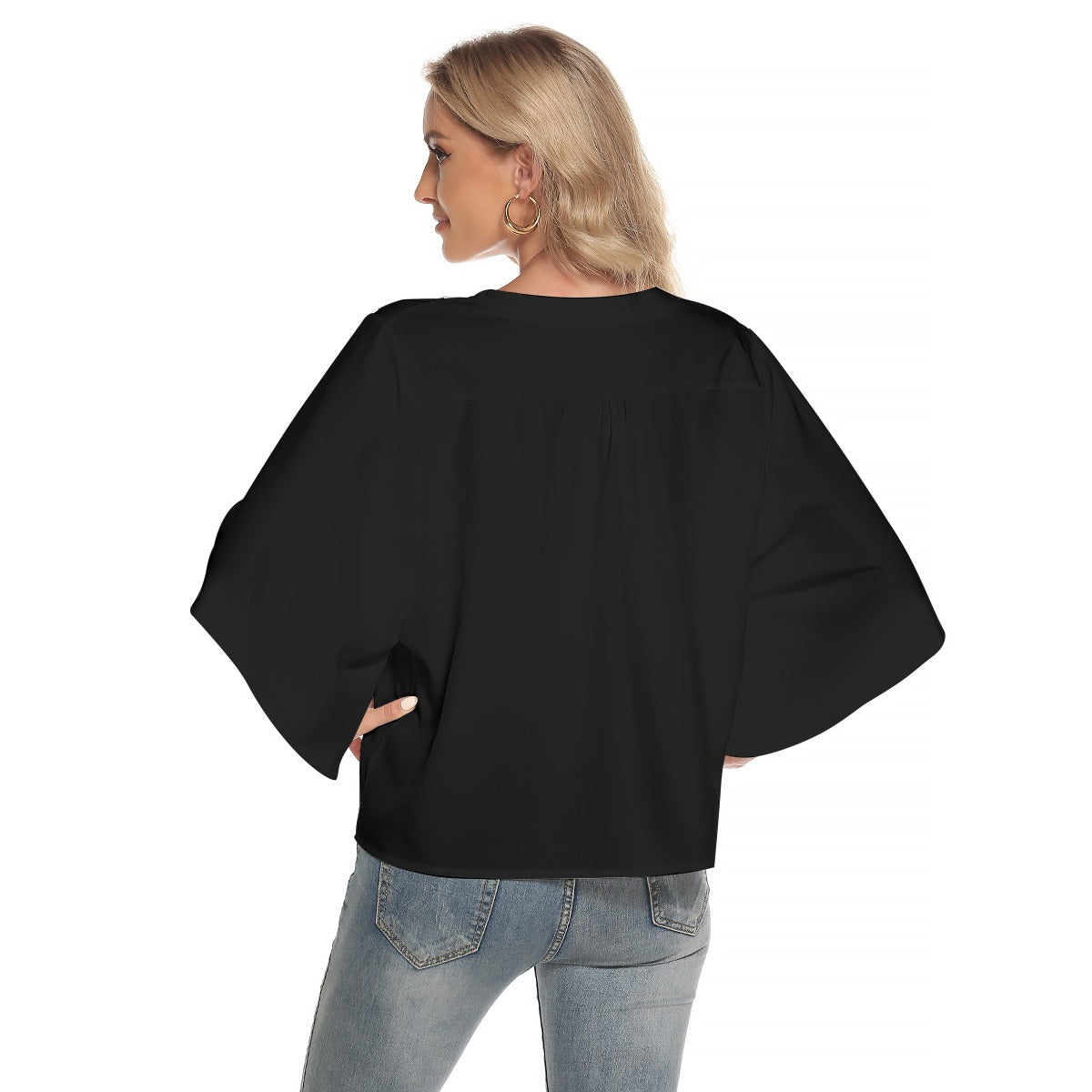 All-Over Print Women's Bat Sleeve Light V-neck Front Buttoned Top