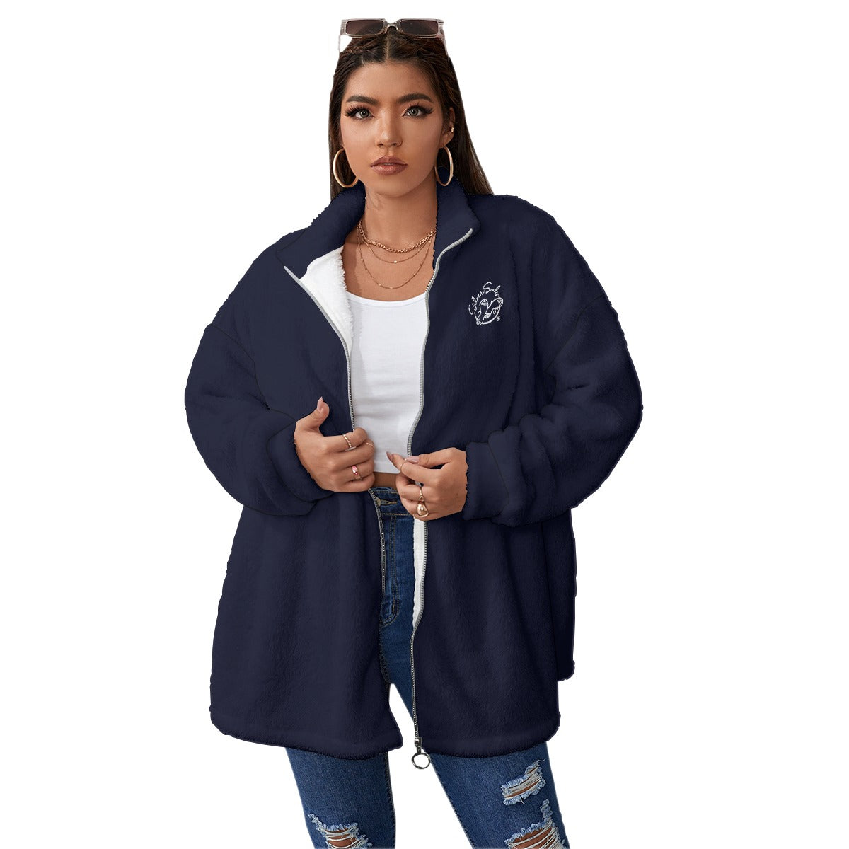All-Over Print Unisex Borg Fleece Stand-up Collar Coat With Zipper Closure(Plus Size)