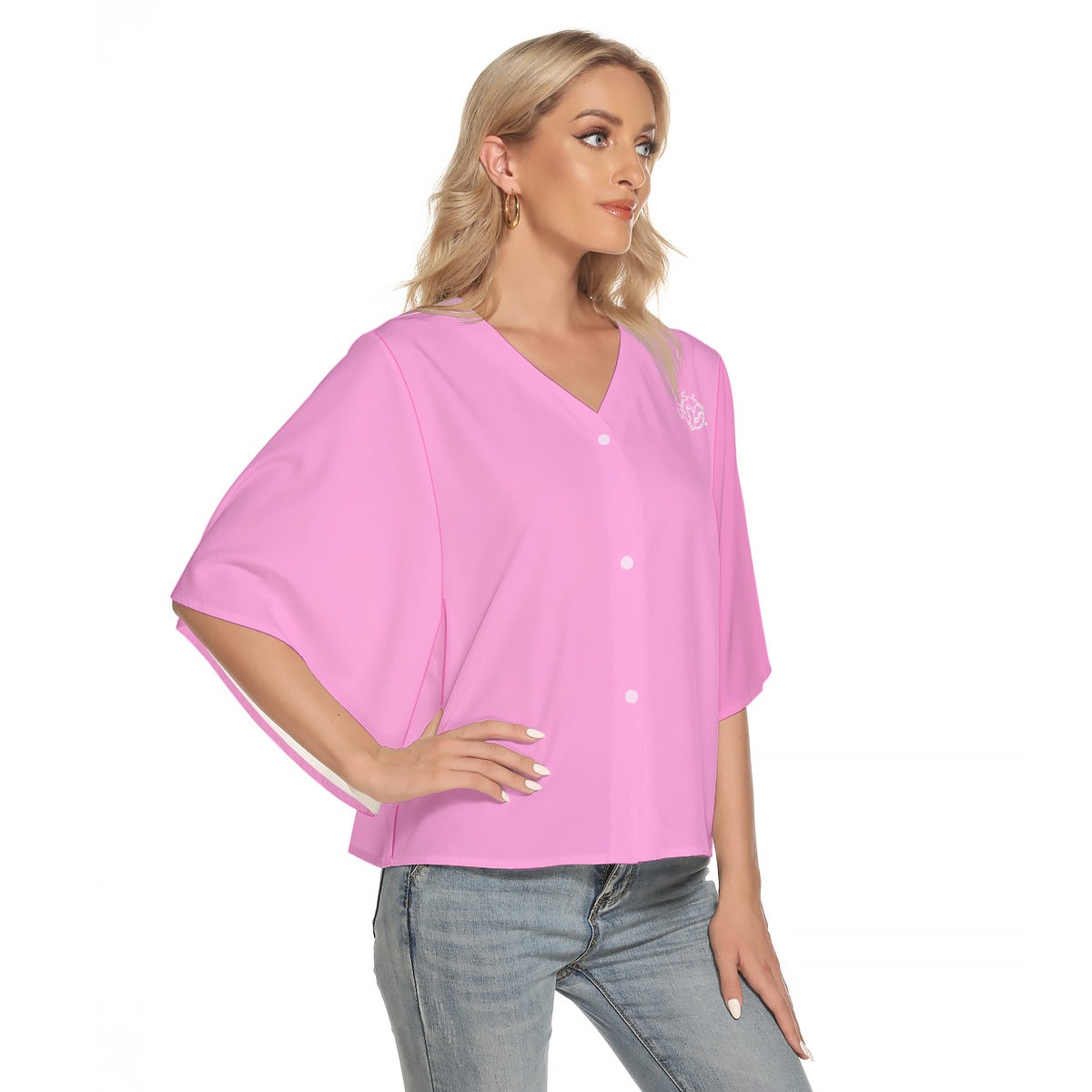 All-Over Print Women's Bat Sleeve Light V-neck Front Buttoned Top