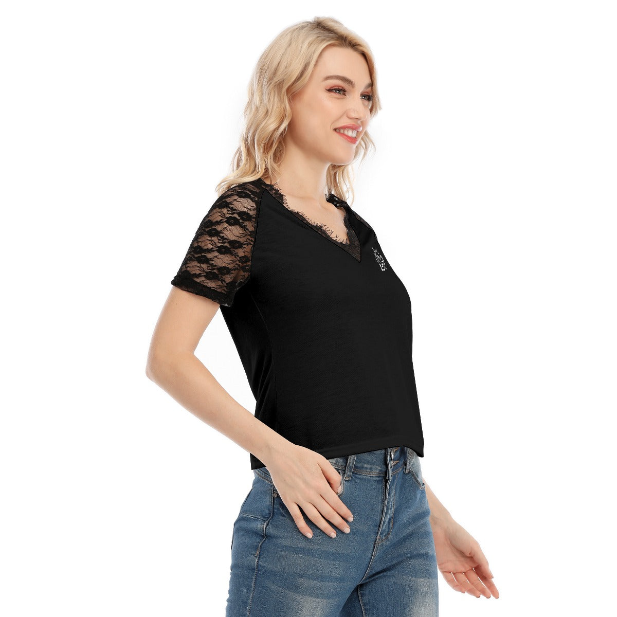 All-Over Print Women's V-neck T-shirt With Lace