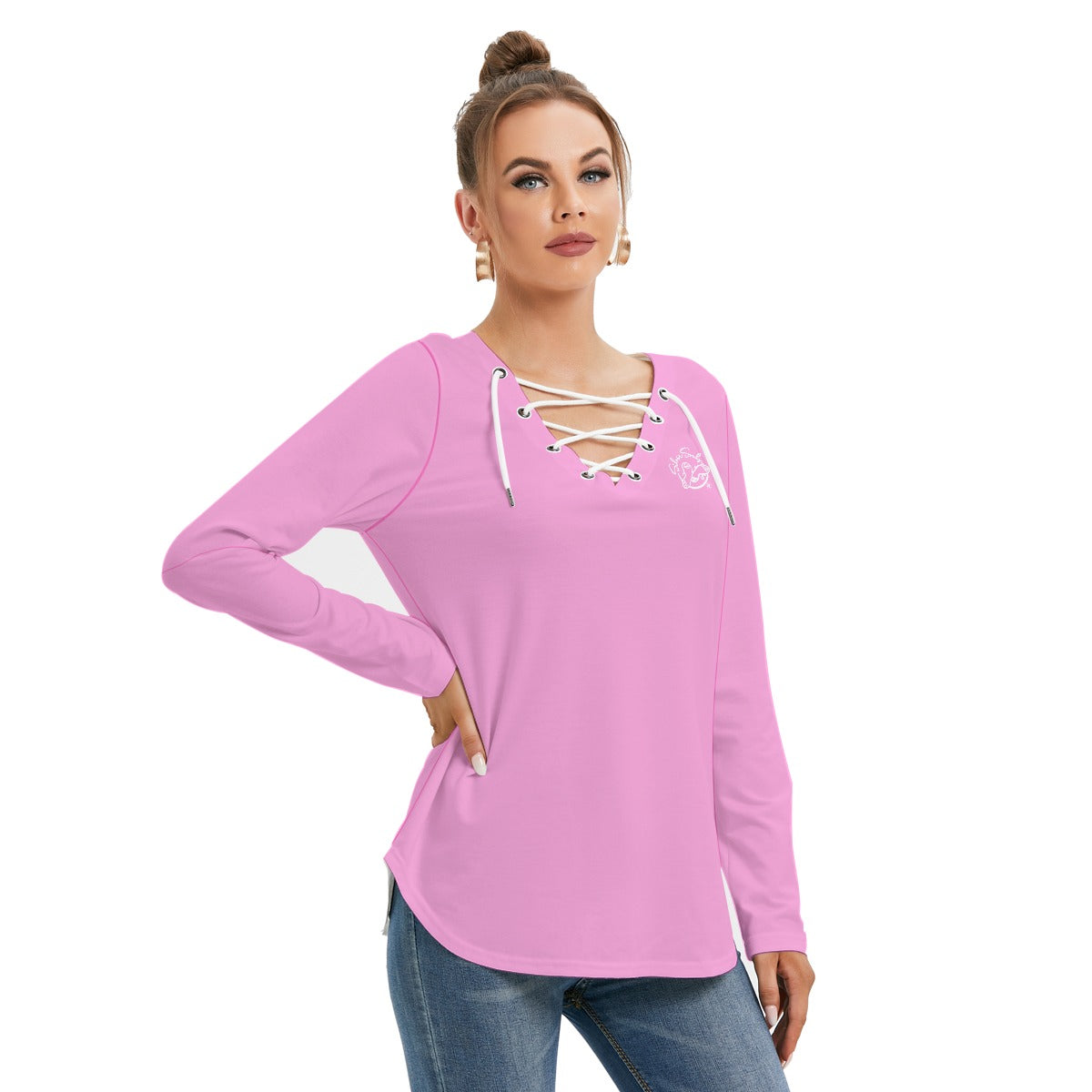 All-Over Print Women's Long Sleeve Neckline Tie Sweatshirt