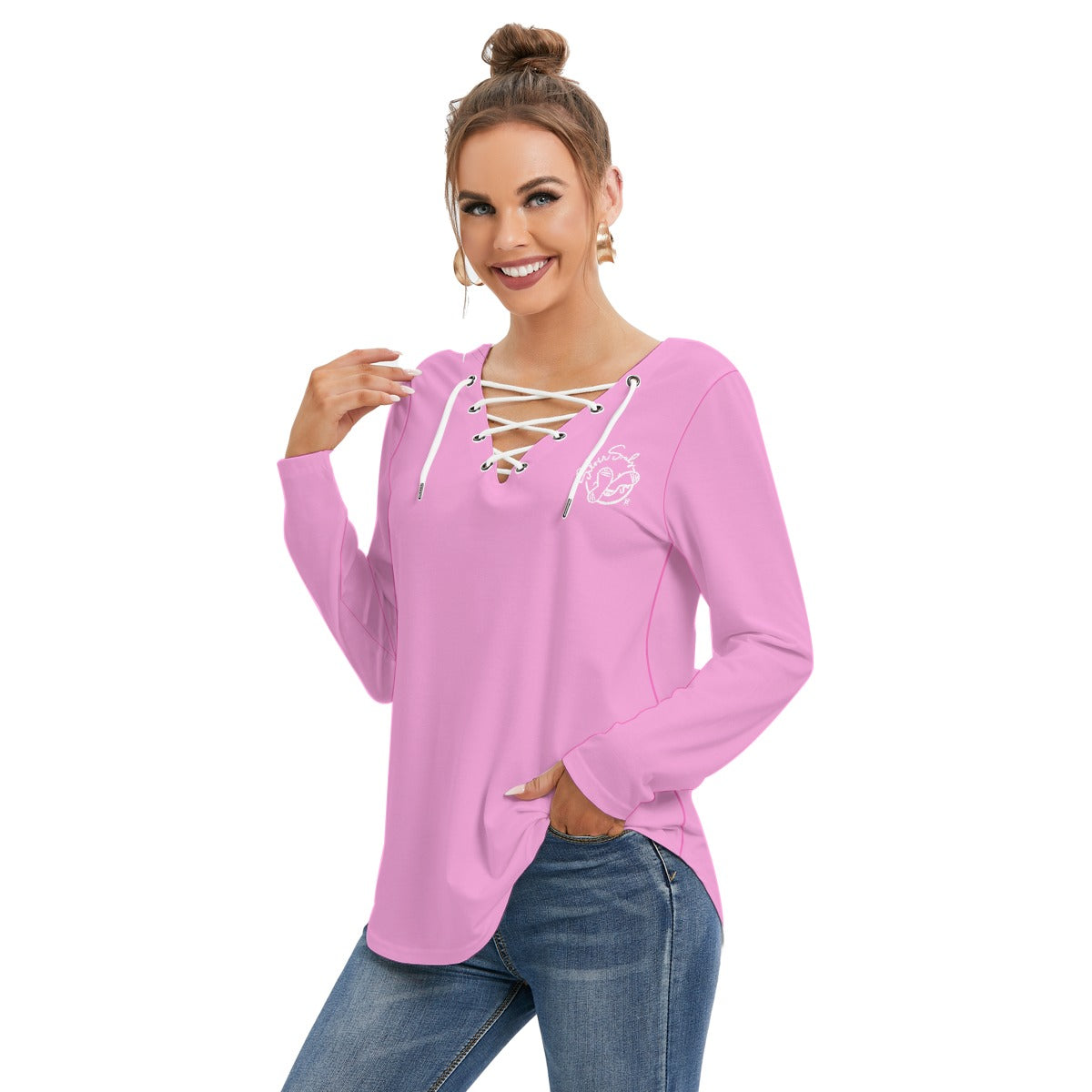 All-Over Print Women's Long Sleeve Neckline Tie Sweatshirt