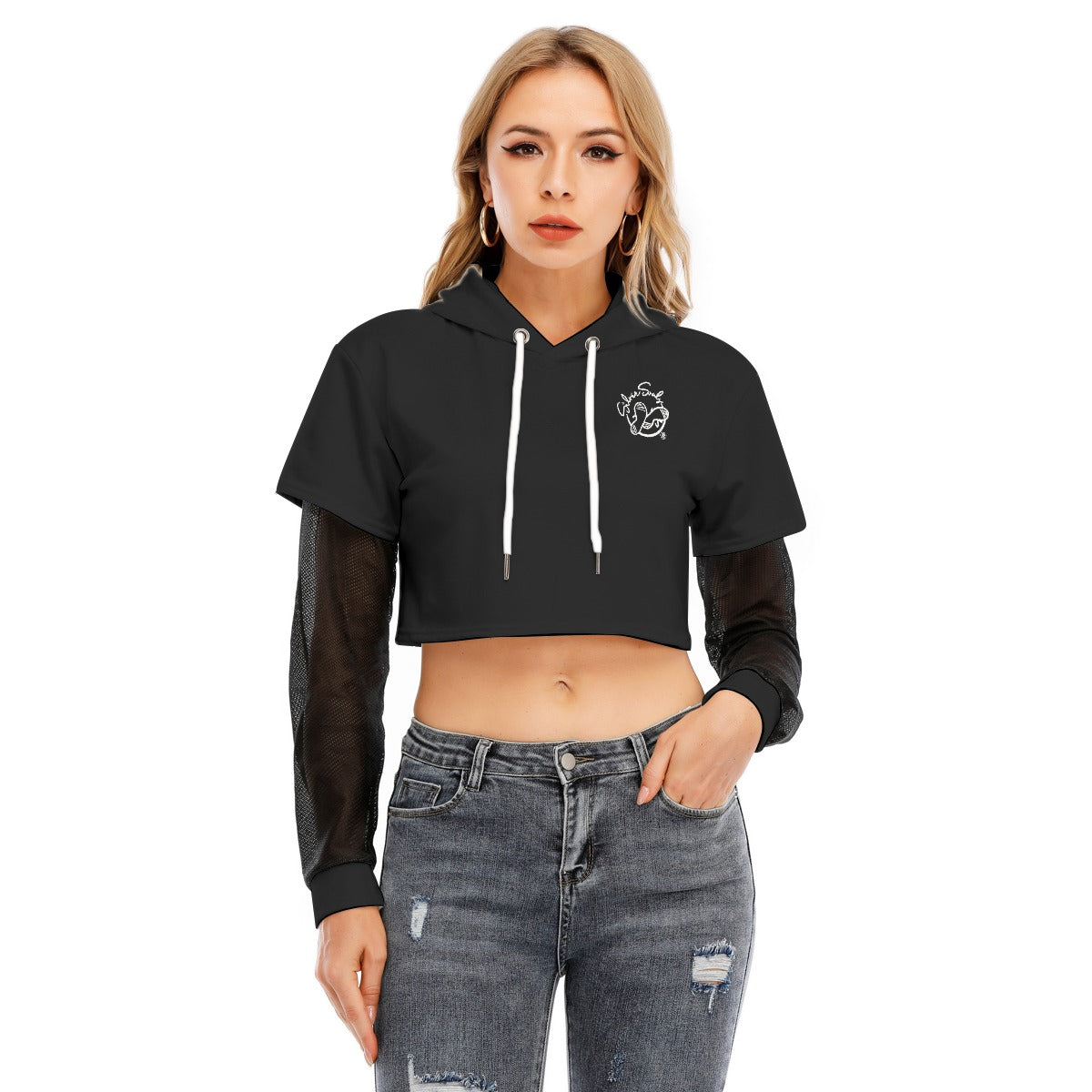 All-Over Print Women's Fake Two-piece Mesh Sleeve Cropped Hoodie