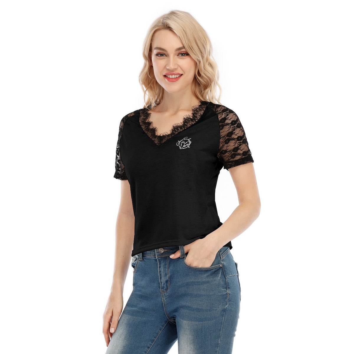 All-Over Print Women's V-neck T-shirt With Lace