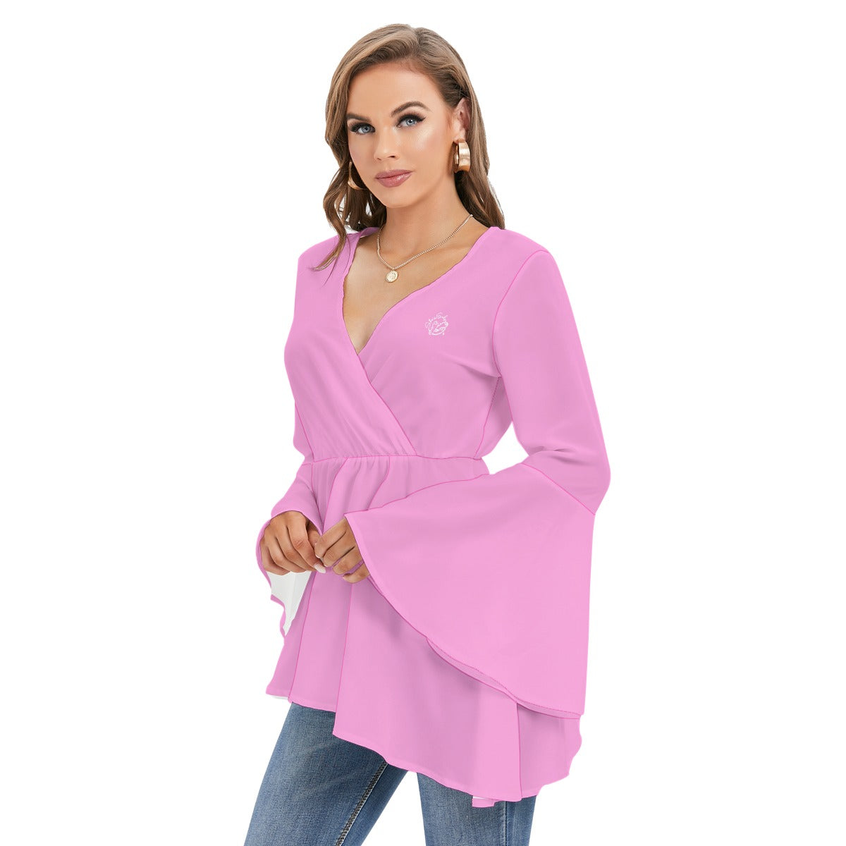 All-Over Print Women's V-neck Blouse With Flared Sleeves