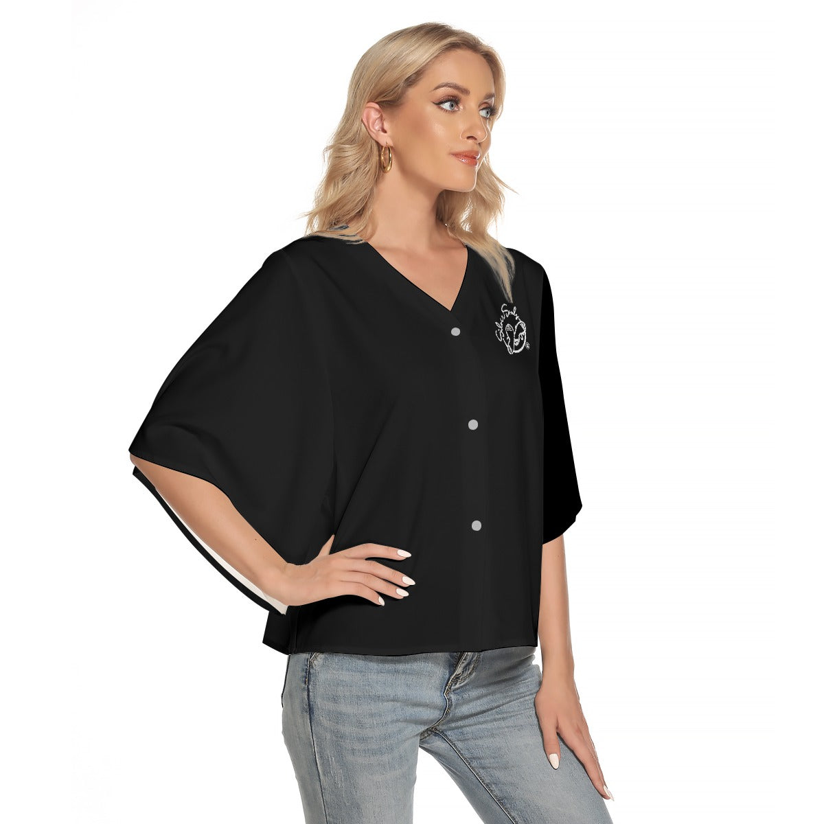 All-Over Print Women's Bat Sleeve Light V-neck Front Buttoned Top