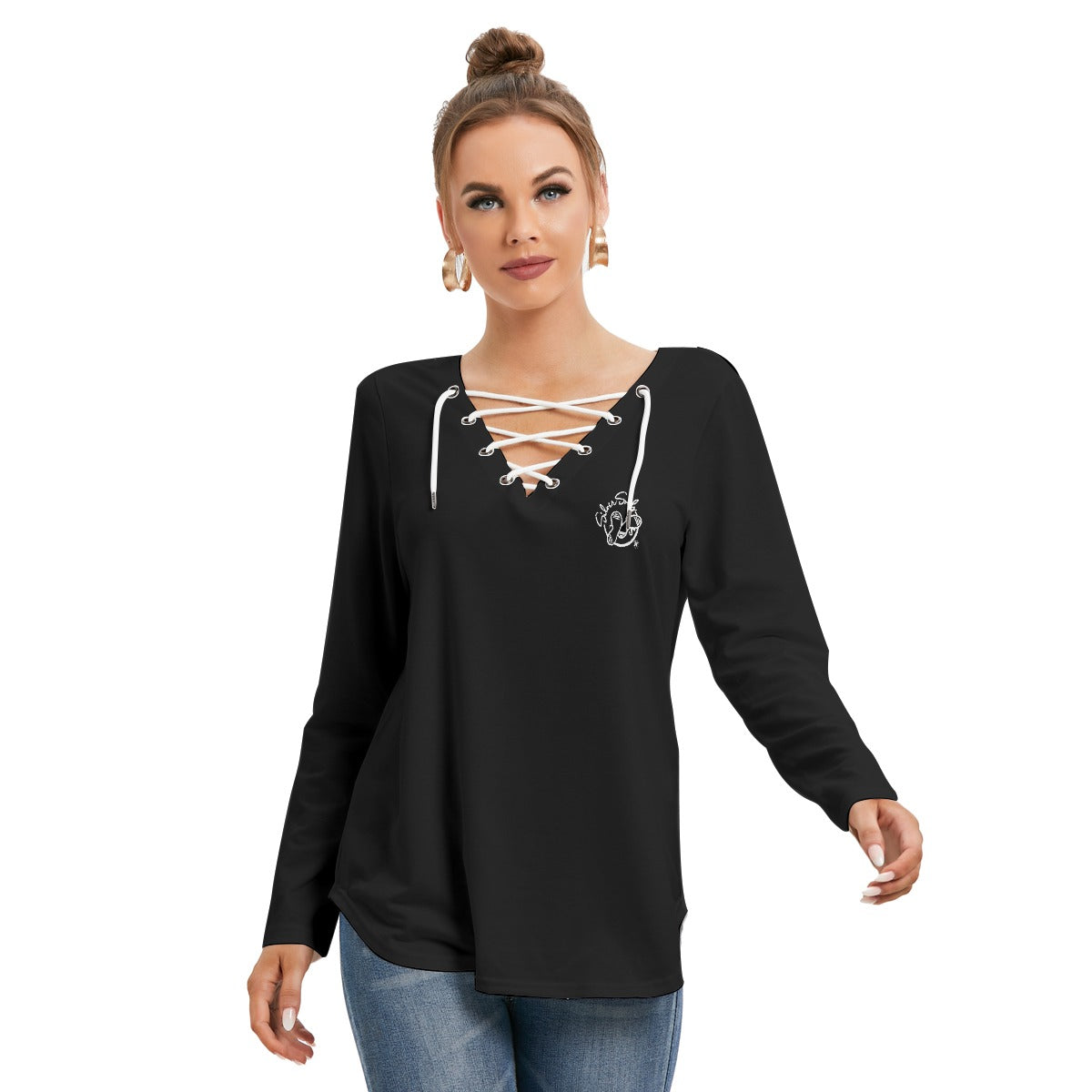 All-Over Print Women's Long Sleeve Neckline Tie Sweatshirt