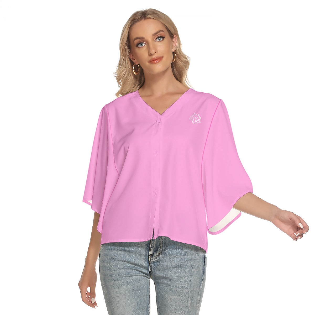 All-Over Print Women's Bat Sleeve Light V-neck Front Buttoned Top