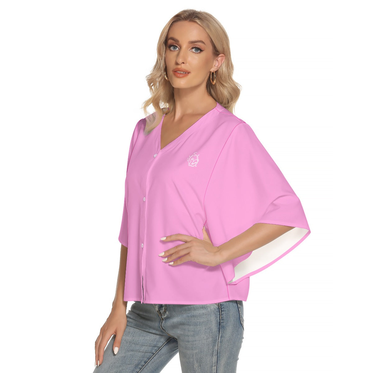 All-Over Print Women's Bat Sleeve Light V-neck Front Buttoned Top