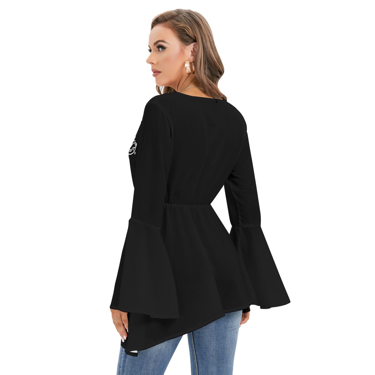 All-Over Print Women's V-neck Blouse With Flared Sleeves
