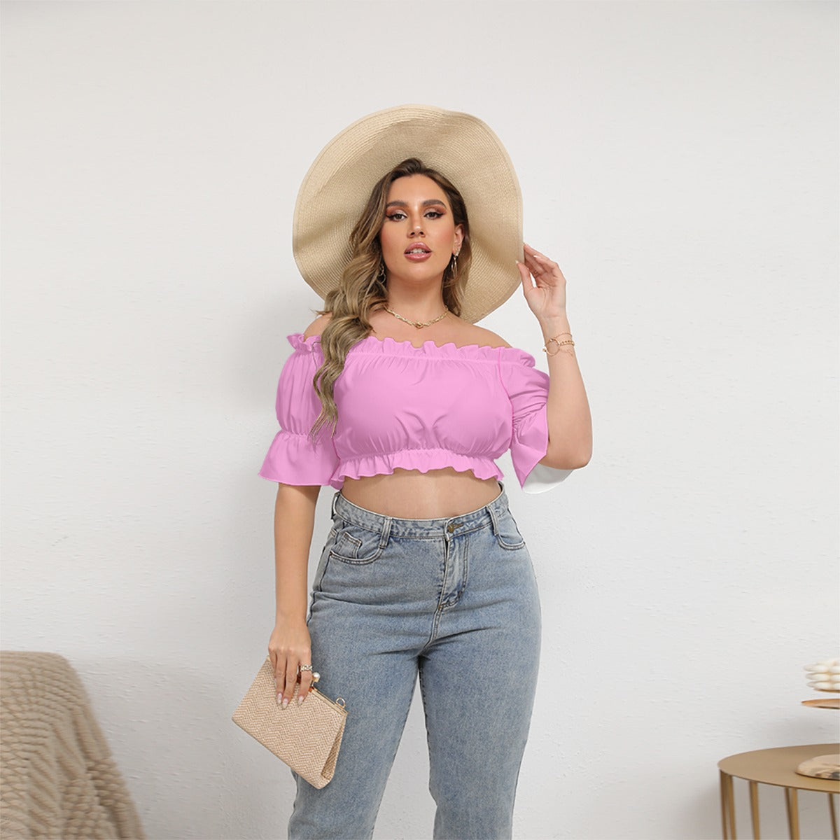 All-Over Print Women's Off-shoulder Cropped Top With Short Puff Sleeve