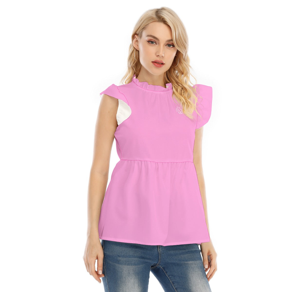 All-Over Print Women's Blouse With Lotus Leaf Lace