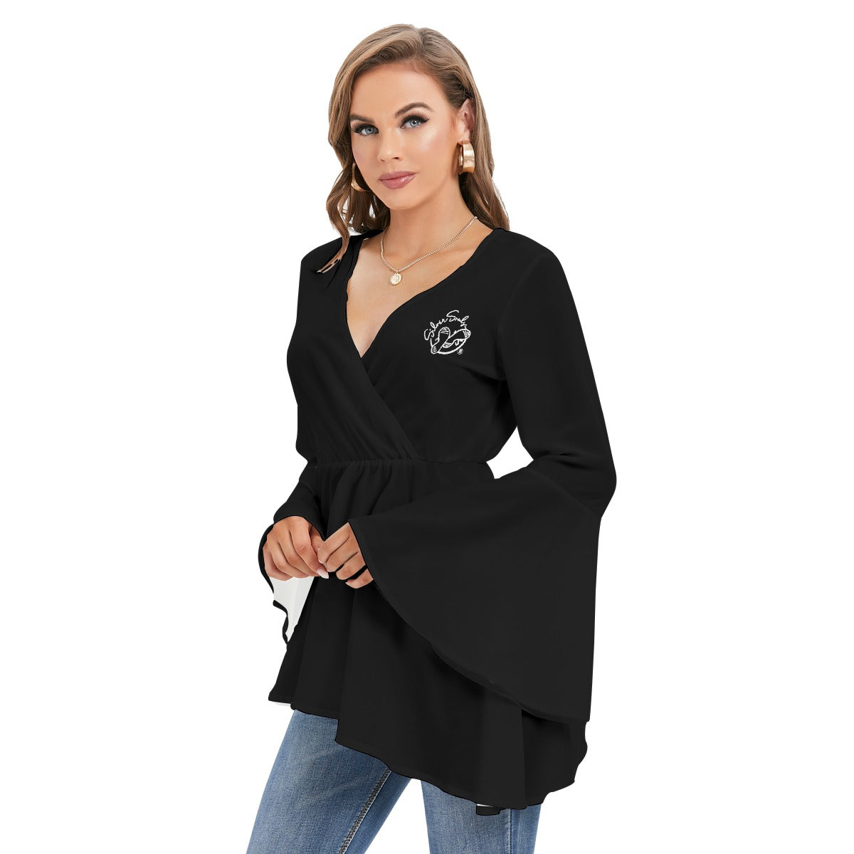 All-Over Print Women's V-neck Blouse With Flared Sleeves