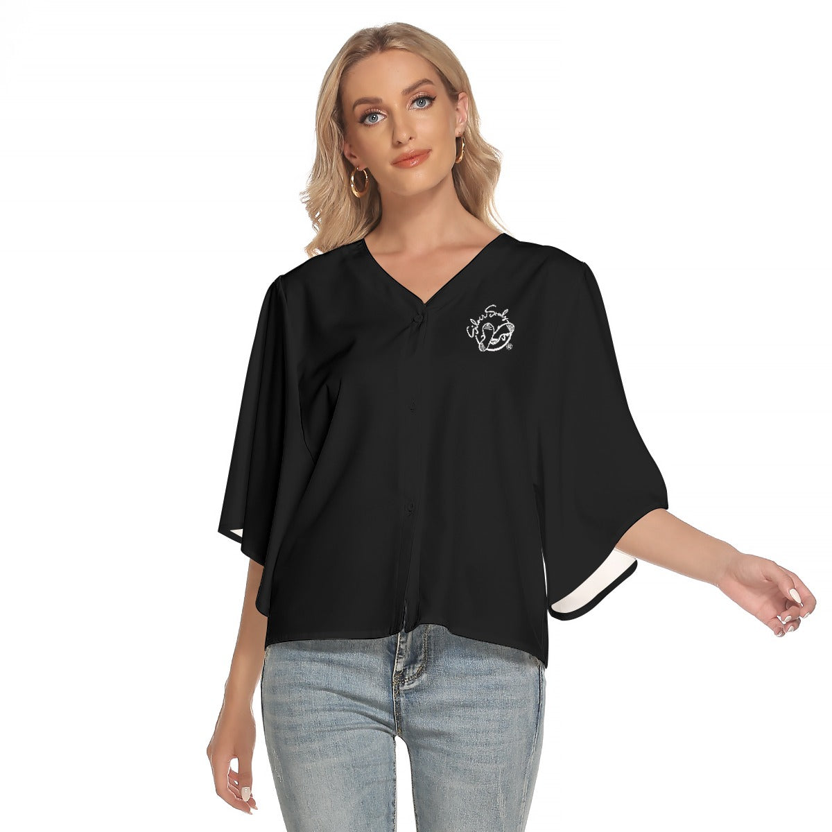 All-Over Print Women's Bat Sleeve Light V-neck Front Buttoned Top