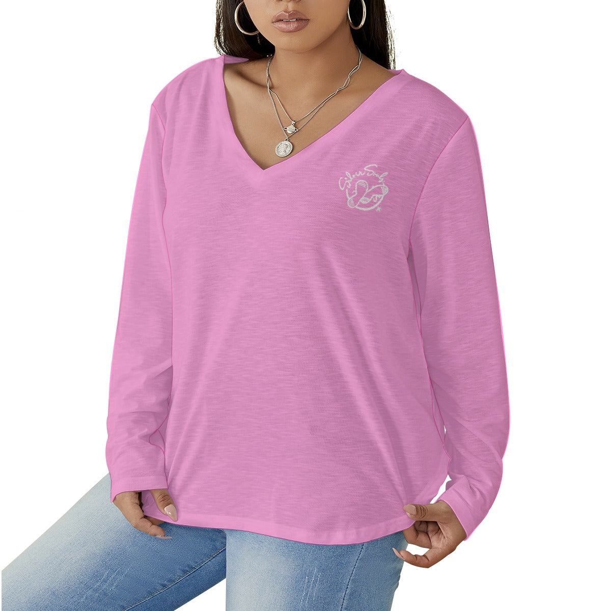 All-Over Print Women's V-neck T-shirt With Curved Hem(Plus Size)